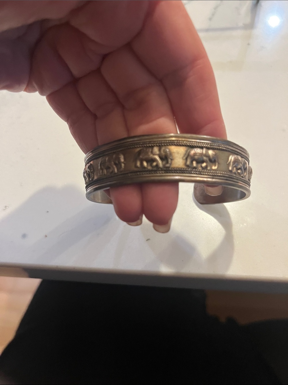 Vintage Sterling Silver Elephant Motif Brass Cuff Bracelet